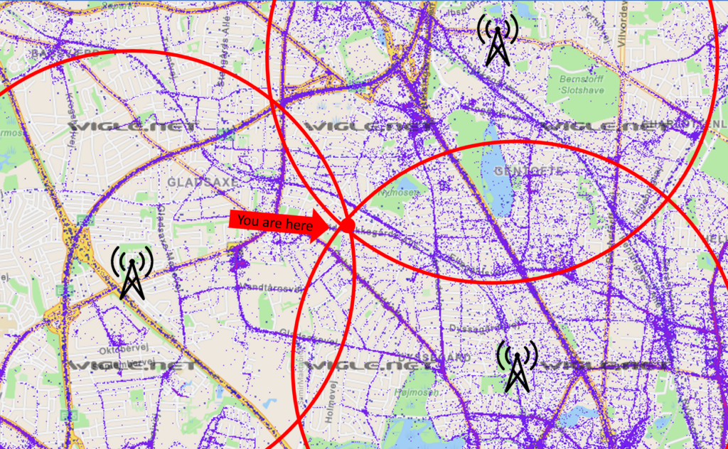 Kortet viser lokaliserede Wi-Fi netværk, som benyttes til at bestemme din position mere nøjagtigt. De 3 indsatte telemaster viser hvordan triangulering virker.